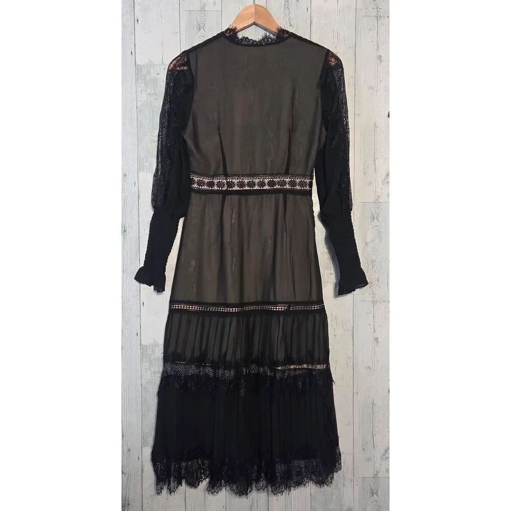 Cate Cat Midi Whimsygoth Illusion Chiffon Lace Poet Bishop Sleeve Dress Sz. M - Picture 5 of 11